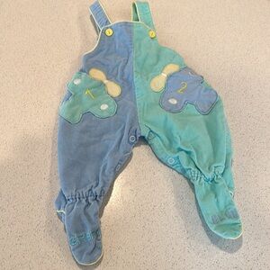 Vintage baby boys overalls plane green and blue embroidered on foot 0-6 months